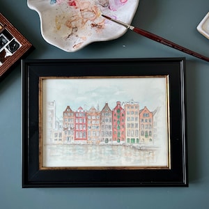 Case olandesi colorate, acquerello in cornice Art Déco, dipinto originale di Amsterdam, decorazione murale moderna per regalo di inaugurazione della casa.