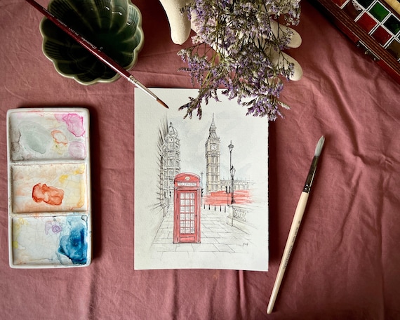 London Street Watercolor Print, Cityscape Poster for Eclectic Gallery Wall