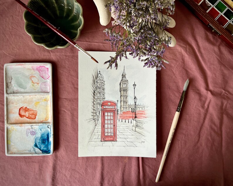 Modern home decor featuring framed London cityscape watercolor poster, ideal asa gift for world traveler