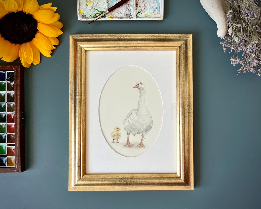 Retro Watercolor Painting of Goose and Gosling, Framed Nature Artwork ...