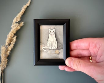 Original Miniature Cat Painting, Framed Watercolor Artwork, Hand Painted Pet Portrait, Minimalist Home Decor