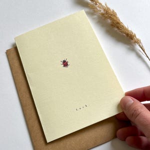 May include: A cream-colored greeting card with a small red ladybug illustration and the word "Luck" printed in black. The card is placed on a brown envelope. A dried plant stem is in the background.