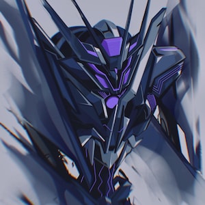 May include: A black and purple robot with sharp angles and a detailed design. The robot's head is visible, with a purple visor and glowing eyes.
