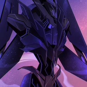 Puede incluir: Un robot negro y morado con ángulos agudos y un diseño futurista. El robot tiene alas grandes y una expresión amenazante.