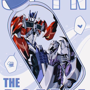 May include: A blue and white illustration of a clear plastic bottle with a blue cap. Inside the bottle are two robots, one red and one gray. The text "SPIN THE BOTTLE" is written in blue letters at the top of the image.