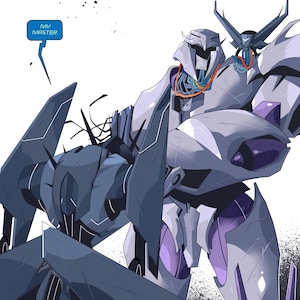 Peut inclure: Illustration d'un personnage robotique dans des tons de gris, de violet et de bleu. Le personnage a un design complexe avec des angles vifs et des détails mécaniques. Le texte dans un encadré bleu se lit "MY MASTER."