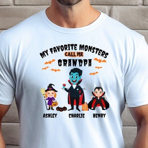 Koszulka z napisem „Halloween Grandpa Shirt”, koszulka z imieniem „Grandpas Little Monsters” na Halloween, koszulka z napisem „Grandpa Little Monster”, spersonalizowana koszulka „Grandpa Halloween Shirt”