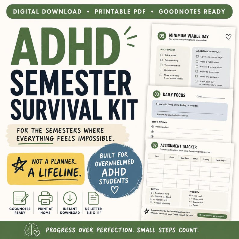 ADHD Semester Survival Kit | Printable PDF Planner | Weekly Schedule ...