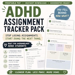 Può includere: Pacchetto di monitoraggio degli incarichi ADHD con pagine stampabili. Il design include il testo "Smetti di perdere incarichi. Inizia a fare la prossima cosa" e "Costruito per studenti ADHD sopraffatti". Il pacchetto include una pagina "Late But Recoverable" e "Master Assignment Tracker".