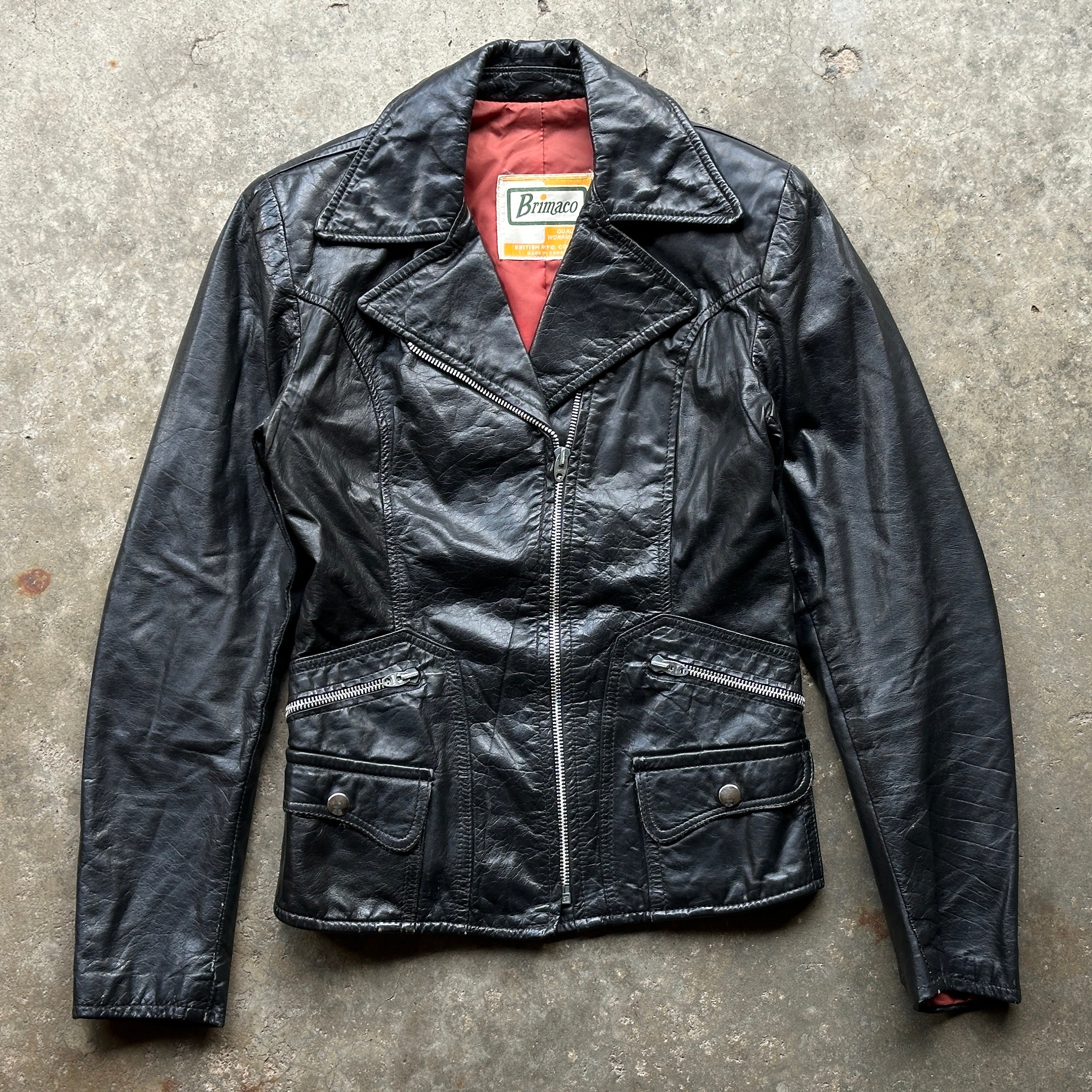 Small, Vintage 70s Brimaco Black Leather Moto Cafe Racer Zip up 