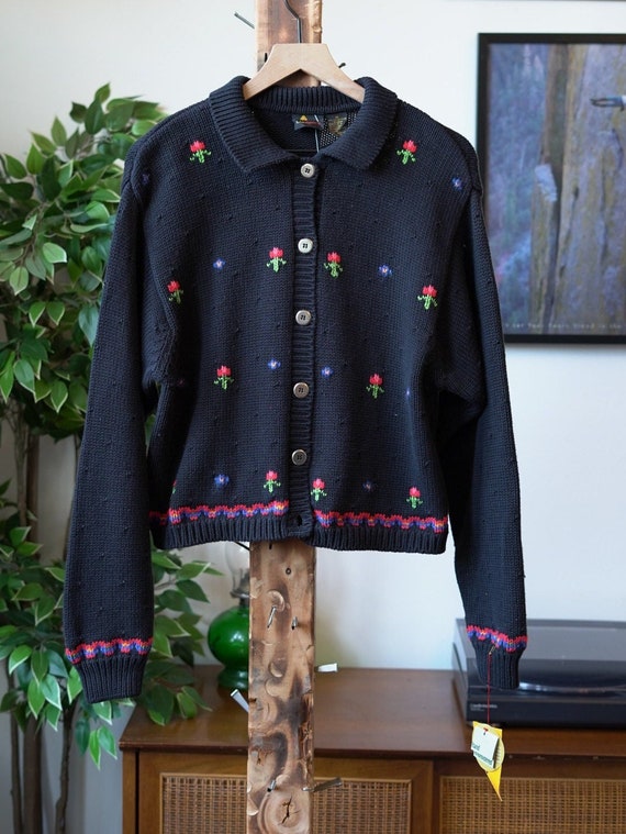 Vintage Liz Sport 80s 90s Floral Cotton Knit Cardi