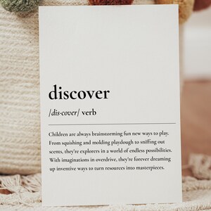 May include: A white card featuring the word "discover" in black, with its phonetic pronunciation and the word "verb" below. The text describes children's imaginative play and exploration, encouraging creativity.