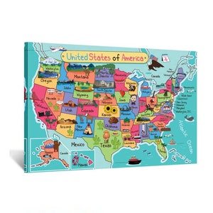Vereinigte Staaten von Amerika USA Kinder Karte Poster Kunstdrucke Leinwand Bild auf Keilrahmen Wandkunst Galerie Leinwand Giclée-Druck Fertig zum Aufhängen Leinwandkunst