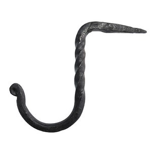 May include: A black metal hook with a twisted design. The hook is bent into a J shape with a pointed end.