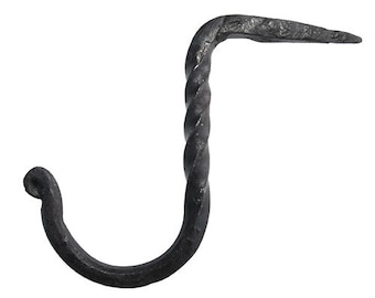 May include: A black metal hook with a twisted design. The hook is bent into a J shape with a pointed end.