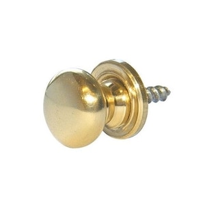 May include: A gold-toned metal knob with a round, smooth top and a screw for attaching it to a surface.