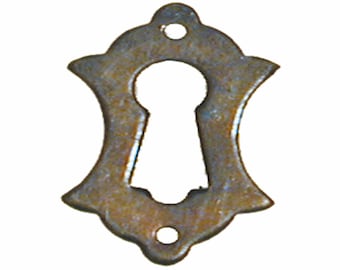 May include: A vintage-style keyhole cover made of metal with a brown patina finish. The keyhole is shaped like a traditional keyhole with a rounded top and a narrow opening. The cover has a decorative design with a scalloped edge.