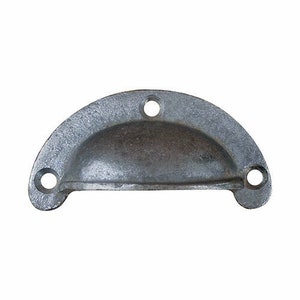 May include: A silver metal drawer pull with a curved, rounded shape. The pull has two holes for mounting.