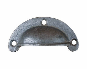 May include: A silver metal drawer pull with a curved, rounded shape. The pull has two holes for mounting.