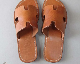 Leather Sandals for Men And Women : Handmade Moroccan Natural Slip-On Slides | Casual Summer Wear