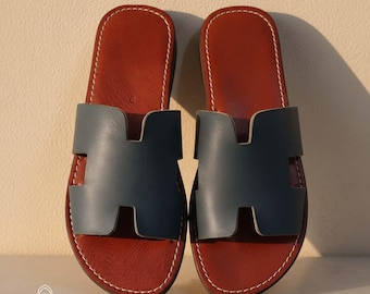 Leder H Cross Sandalen - Handgefertigte Marokkanische Echtleder Slides für Herren & Damen - Unisex Sommer Sandalen