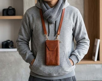 Leder Handytasche zum Umhängen - Handgemachte Handytasche - Echtleder Handyhalter mit Gurt