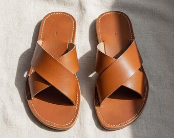 Handmade Moroccan Leather Sandals : Natural Leather Cross-Strap Slip-On and Summer Slides Unisex