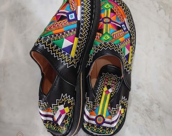 Handcrafted Genuine Leather Loafers with Colorful Berber Embroidery : Women’s Artisan Slip-On Shoes