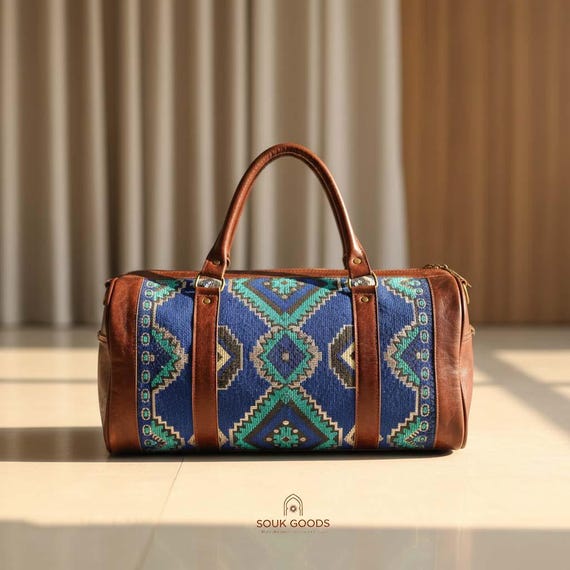 Moroccan Leather Duffle Bag : Handmade Blue Kilim Travel Weekender And Boho Weekend Bag