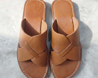 Leather Cross-Strap Sandals: Handmade Moroccan Natural Brown Slides