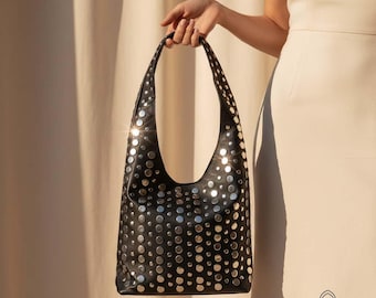 Handgefertigte Nieten Leder Umhängetasche: Crossbody Tote
