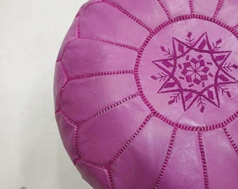 Pink Leather Pouf Ottoman with top embroidery: Genuine Moroccan Handcrafted Floor Cushion and footstools