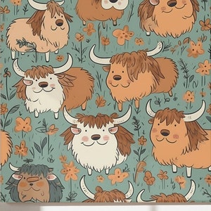 Op de afbeelding: Een vierkant canvasprint met een herhalend patroon van bruine en witte harige yaks met hoorns op een lichtblauwe achtergrond met oranje bloemen.