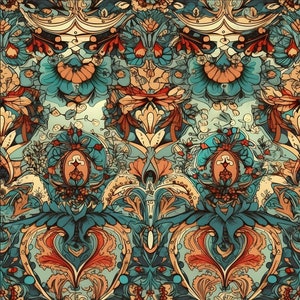 May include: A seamless pattern with intricate floral designs in shades of blue, orange, and brown. The pattern features a repeating motif of stylized flowers, leaves, and swirls.