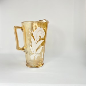 Vintage Jeannette Iridescent Marigold Carnival Glass Pitcher Feather Design