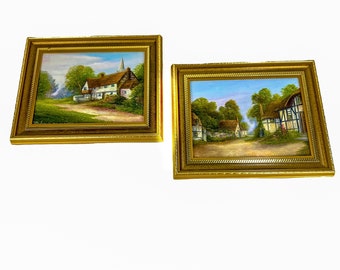 Un par de pinturas al óleo originales de paisajes rurales británicos de F. R. Maskens firmadas por el artista en Cabañas y exteriores ingleses antiguos de los años 90