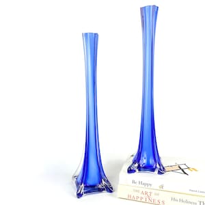 Pair of Cobalt Blue Cased Glass Bud Vase Mid Century Modern Art Glass Vases
