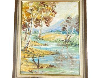 Vintage Original Bush Scene Painting on Canvas Board Artist Signed I Hand painted Landscape Artwork I Gumtrees and River Australian Painting