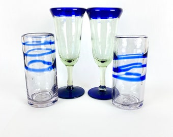 Hand Blown Mexican Drinking Glasses made from Recycled Glass | Artisan Crafted Cobalt Blue Design I Mix and Match Colourful Glasses