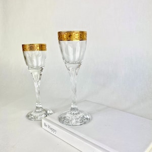 Vintage Cristalleria Fratelli Fumo Shot Glasses with Twisted Stems X 2, Regina Ricamo Oro, Clear Liqueur Glasses with 24K Gold Band