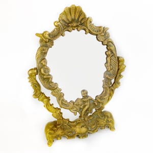 Antique French Style Brass Vanity Mirror I Free Standing Baroque Dressing Table Mirror I Embossed Brass Cherub I Ornate Rococo Table Mirror