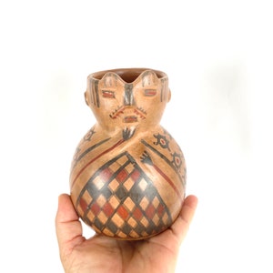 Pre-Columbian Reproduction Figural Pottery Jug with Traditional Symbols I Vintage Chilean Earthenware Pottery Pitcher I Clay Inca Effigy