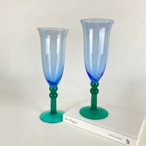 Mid Century Modern Stemmed Champagne Glasses Set of 2 | Scandinavian Champagne Flutes | Footed Drink Glasses | Multi Coloured Wine Glasses