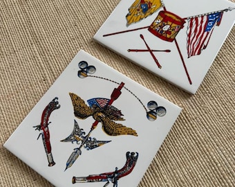 Vintage 1970s Americana Decorative Tiles Trivets Cork Backing | Made in NYC | Set of 2