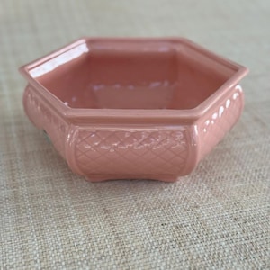 May include: A hexagonal, peach-colored ceramic planter. The planter has a decorative diamond pattern around the base and a smooth, glossy finish. The planter is empty and ready for planting.