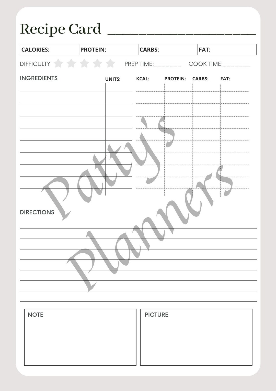 Recipe Card With Calorie Counter - Etsy