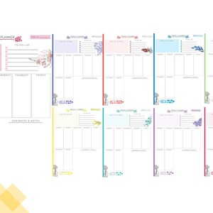May include: A collection of weekly planner templates with floral and botanical illustrations. Each planner features a layout for daily scheduling, a to-do list, and space for notes. The designs incorporate various color schemes and decorative elements.