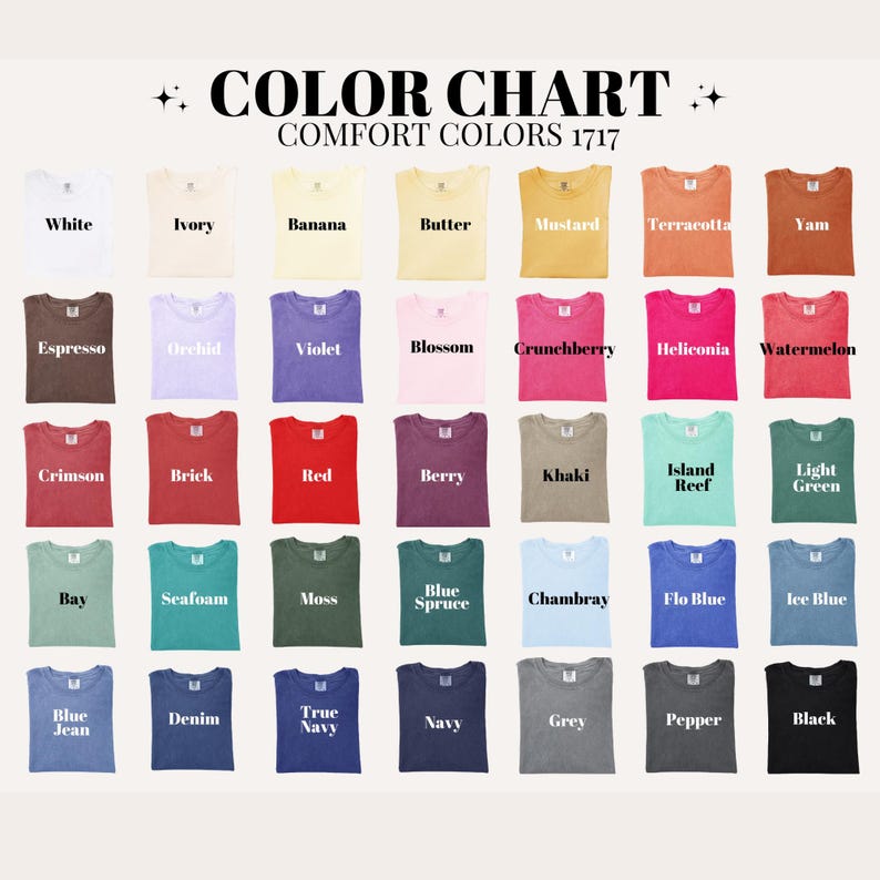 Puede incluir: Una carta de colores muestra una variedad de camisetas Comfort Colors. La carta incluye una gama de colores, como blanco, marfil, pl&aacute;tano, mantequilla, mostaza, terracota y &ntilde;ame. Cada camiseta est&aacute; etiquetada con su nombre de color.