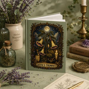 Könnte beinhalten: Ein salbeigrünes Notizbuch mit dem Schriftzug "DEVIL'S TRUMPET" auf dem Einband. Das Cover zeigt eine Nachtszene mit Vollmond, trompetenförmigen Blumen und einer brennenden Kerze. Weitere Elemente sind eine Glasflasche, ein Mörser und Stößel sowie ein Stapel Bücher.