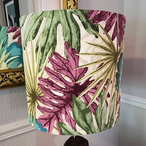 Handmade drum lampshade, modern contemporary green and damson foliage